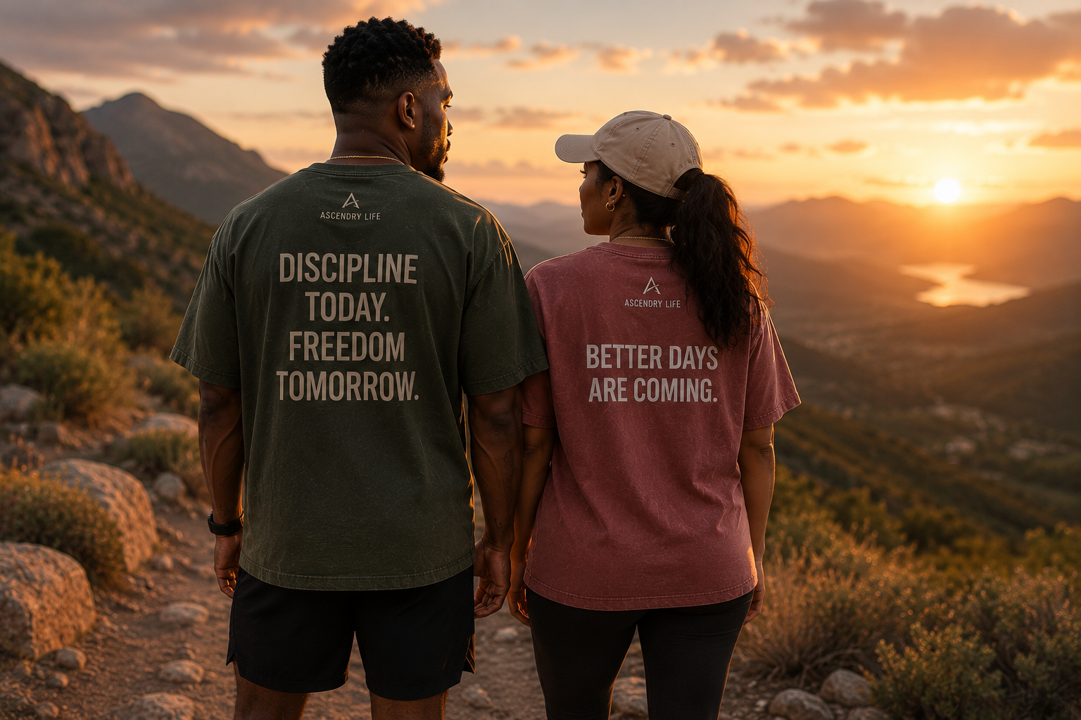 Ascendry Life couple overlooking the mountains at sunset
